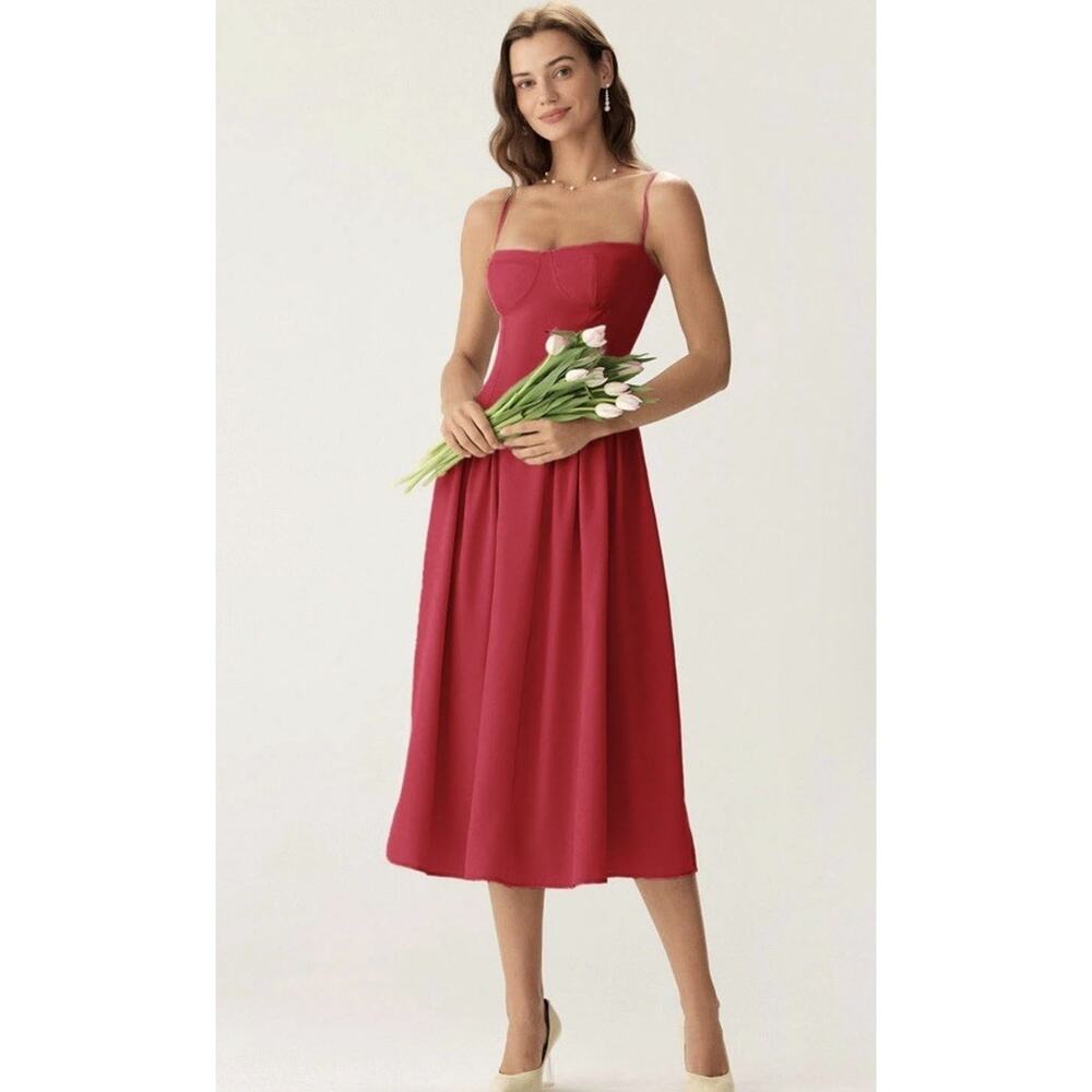 NWT RIHOAS Red Square Neck Midi Dress Strappy Sleeveless Pocket Elegant - Picture 3 of 10